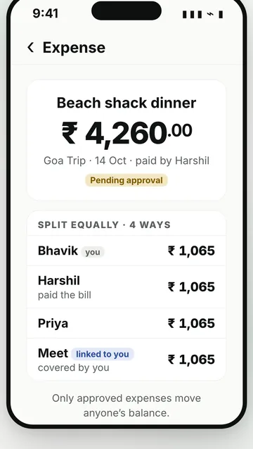 An expense split equally four ways, waiting for owner approval