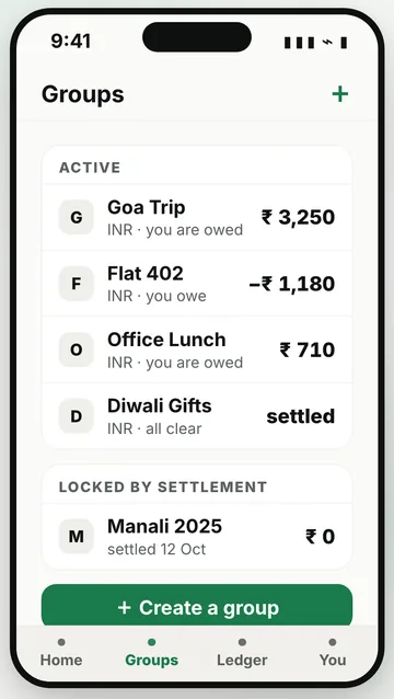 Soljari Split groups list: Goa trip, flat and office lunch balances