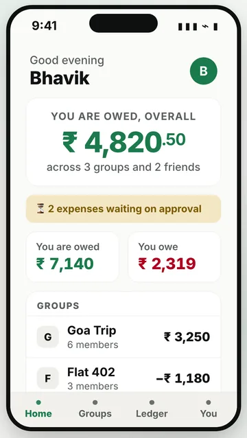Soljari Split home screen showing what you are owed across groups